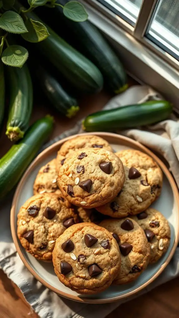 Zucchini cookies with chocolate chips and oats on a plate