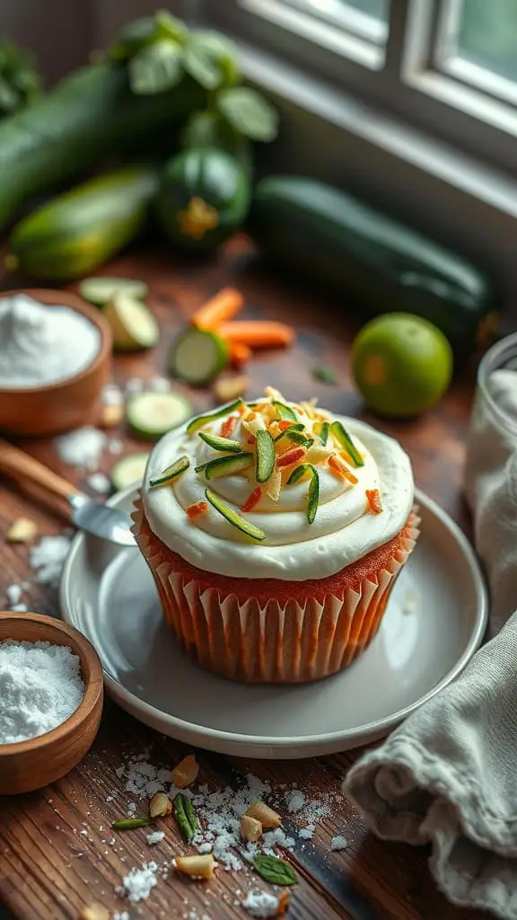 Delicious zucchini cupcake with frosting and toppings on a plate