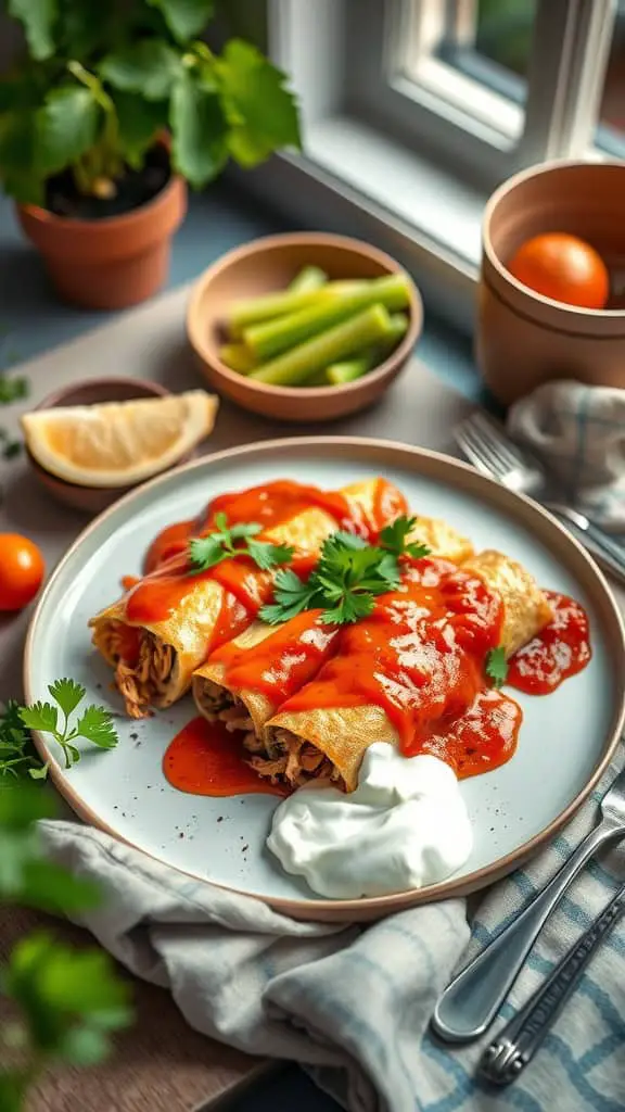 Zucchini enchiladas topped with enchilada sauce and garnished with cilantro.