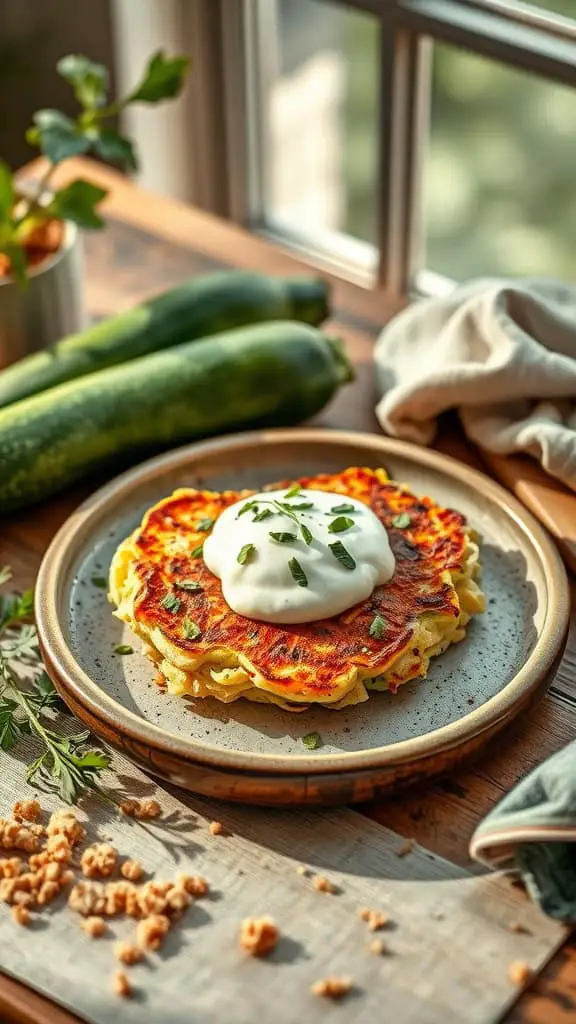 Plate of zucchini fritters topped with sour cream and herbs, alongside fresh zucchinis.