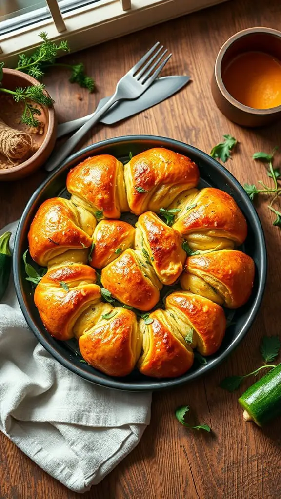 Deliciously baked zucchini garlic knots arranged neatly in a round dish, garnished with herbs.