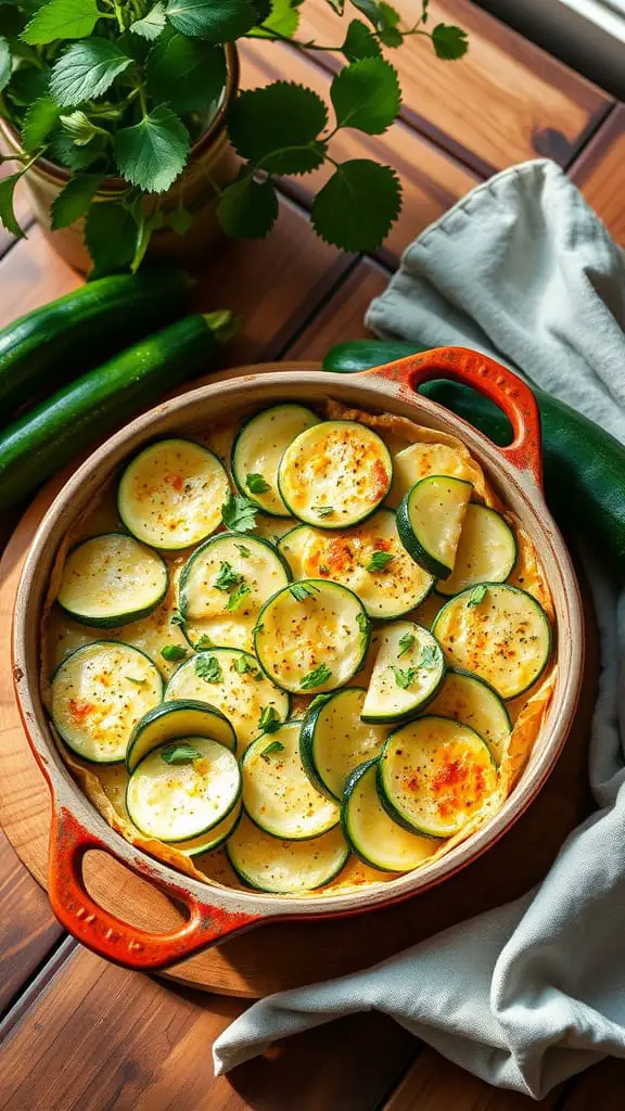 A delicious Zucchini Gratin with sliced zucchini, heavy cream, and Gruyere cheese baked to perfection.