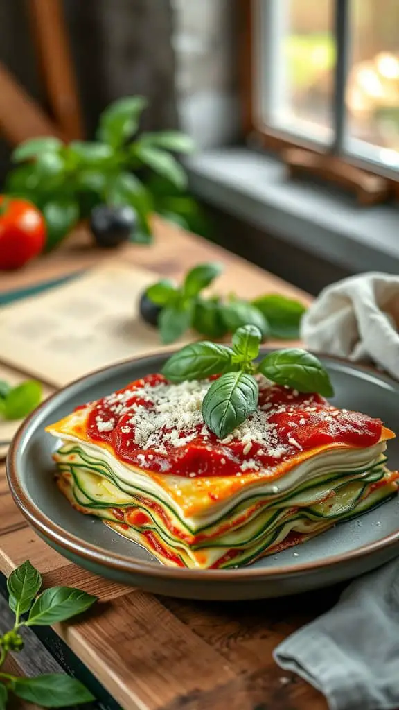 Layers of zucchini lasagna with marinara sauce and cheese