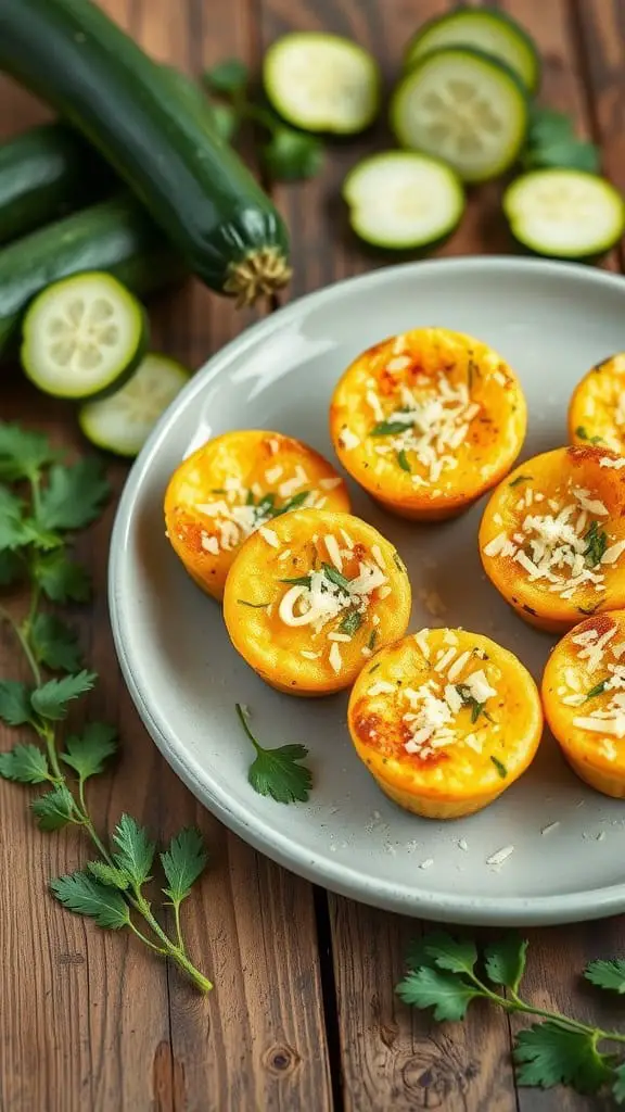 Zucchini mini egg muffins on a plate, garnished with herbs.