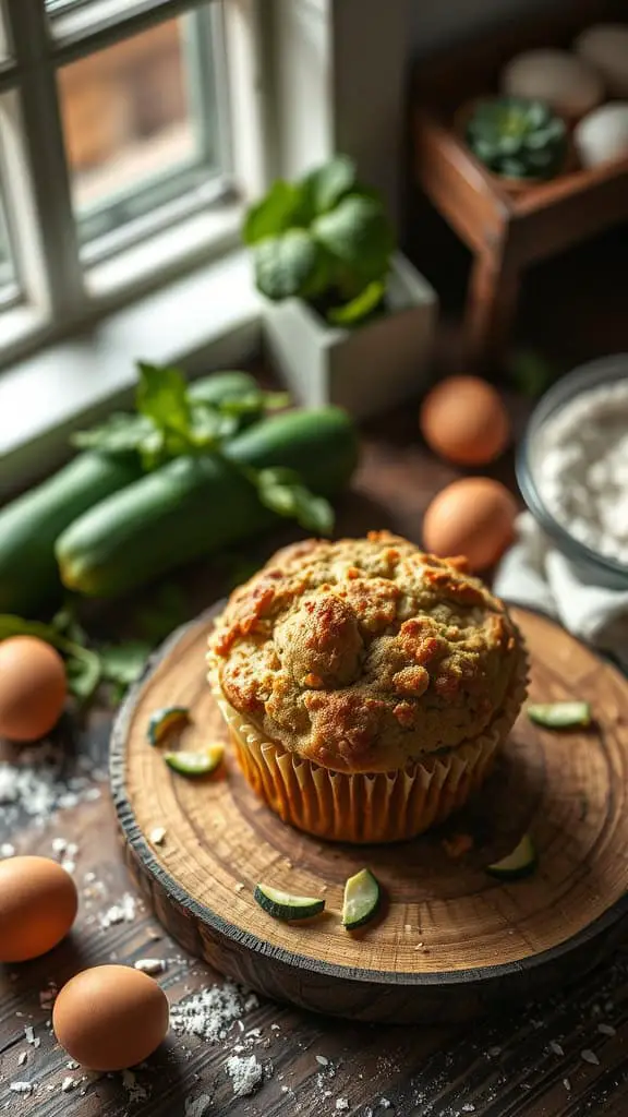 Freshly baked zucchini muffins on a wooden board surrounded by eggs and zucchini