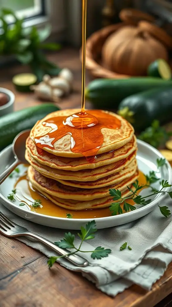 A stack of zucchini pancakes drizzled with syrup on a plate