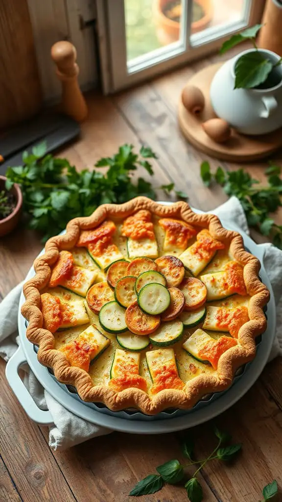 A beautifully baked zucchini pie with a golden crust and sliced zucchini on top, placed on a wooden table.