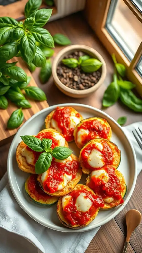 Delicious zucchini pizza bites topped with marinara sauce and mozzarella cheese
