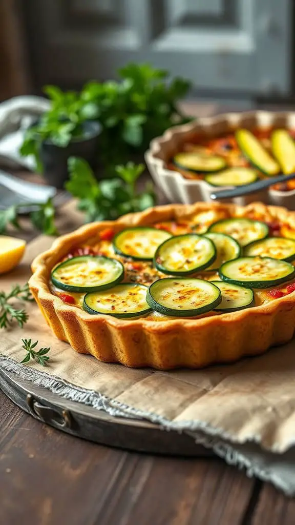 A delicious zucchini quiche with sliced zucchini, eggs, and cream fresh from the oven.
