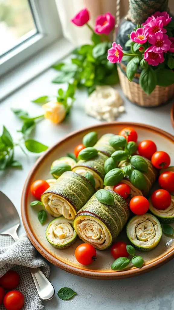 Zucchini roll-ups with ricotta and basil garnished with cherry tomatoes