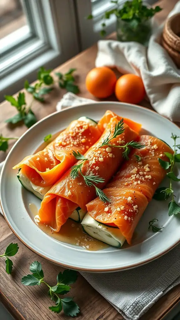 Zucchini rolls filled with cream cheese and smoked salmon, garnished with herbs.