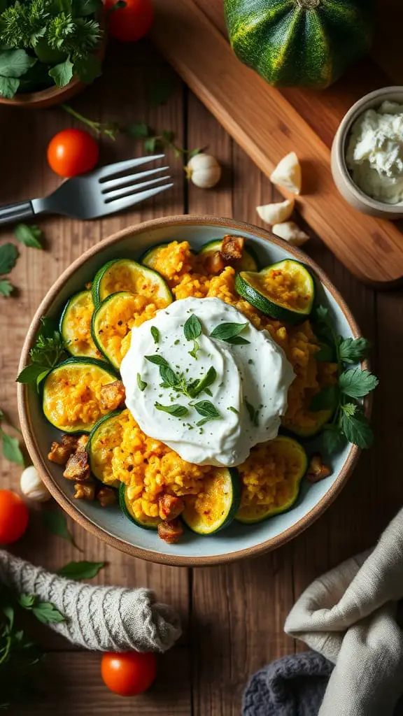 A bowl of zucchini scrambled eggs with cottage cheese topped with herbs.
