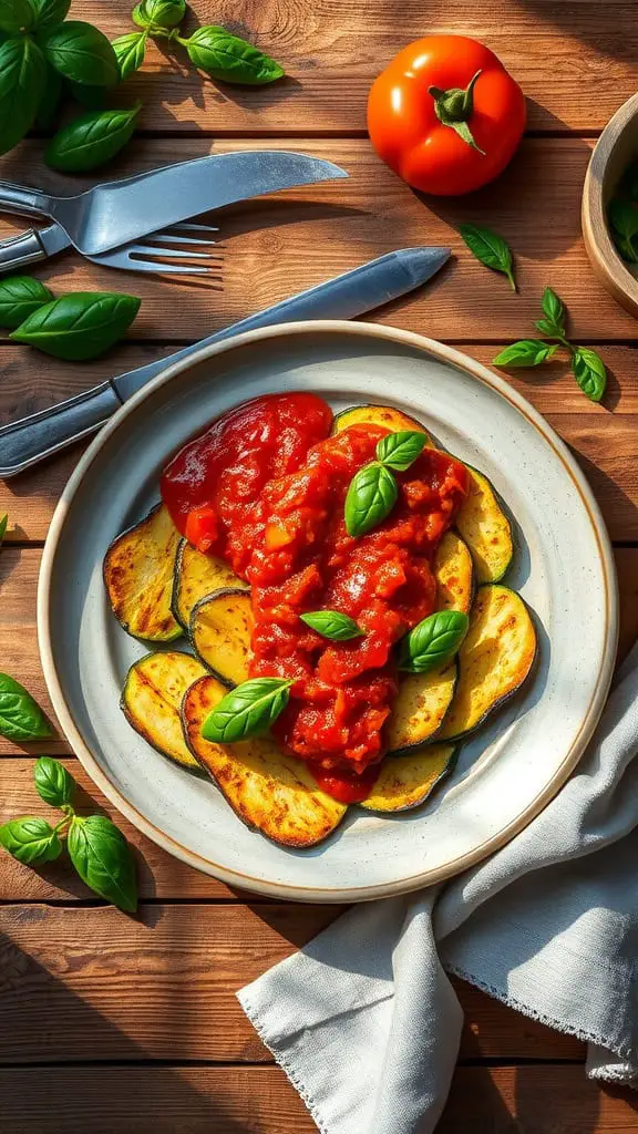 Zucchini slices topped with marinara sauce and fresh basil