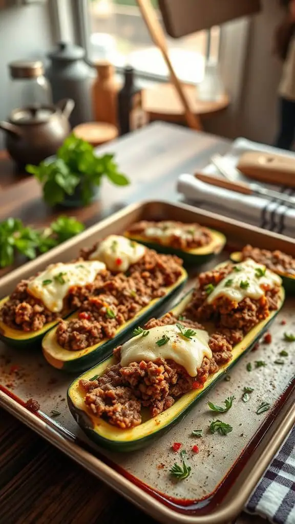 Stuffed zucchini boats filled with ground beef and cheese