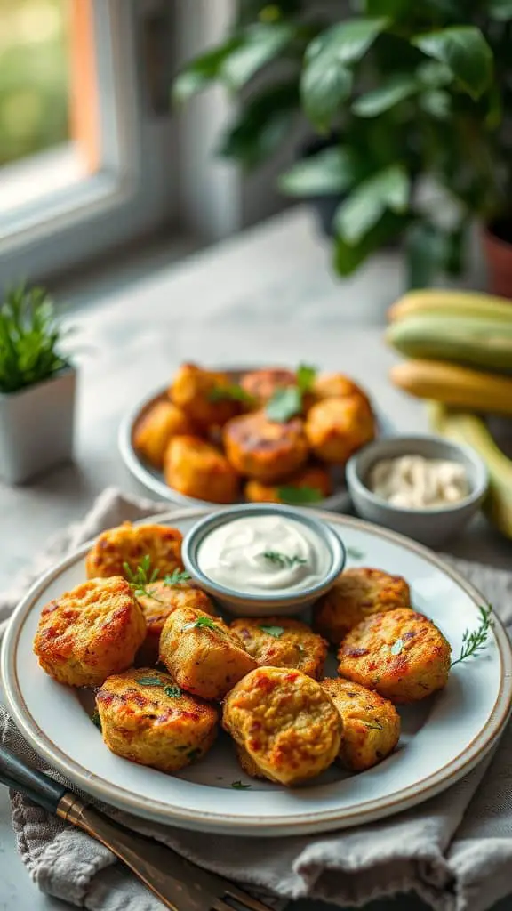 Plate of Zucchini Tater Tots served with dipping sauce