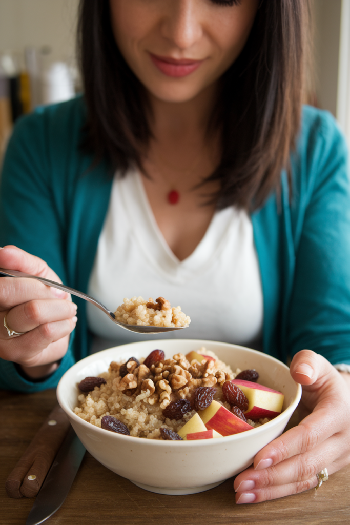 A cinnamon raisin quinoa breakfast bowl, perfect for a low-calorie morning boost.