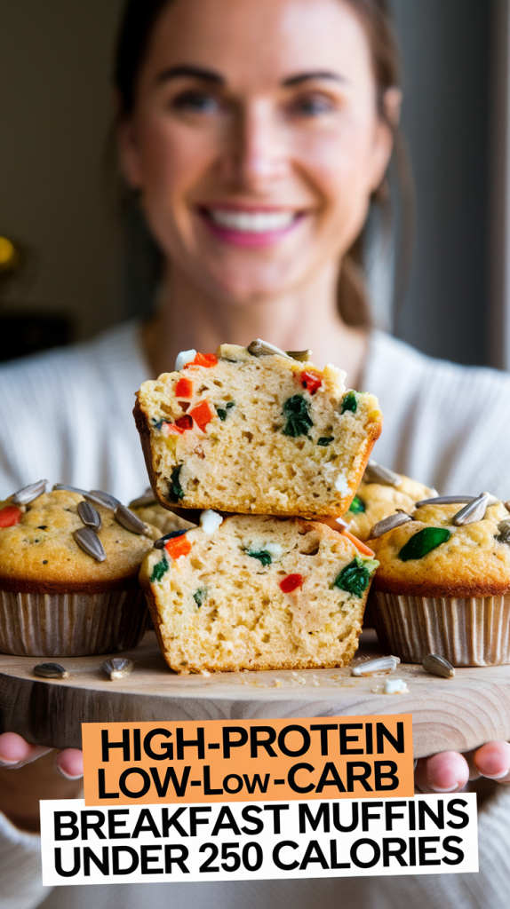 Image of savory low-carb breakfast muffins made with eggs, cheese, and spinach, ideal for a high-protein, low-calorie breakfast option.