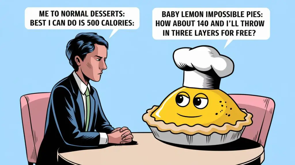 Calorie Negotiations Image: Person in business attire sitting across from a lemon pie at a negotiation table Caption: "Me to normal desserts: 'Best I can do is 500 calories.' Baby Lemon Impossible Pies: 'How about 140 and I'll throw in three layers for free?'"