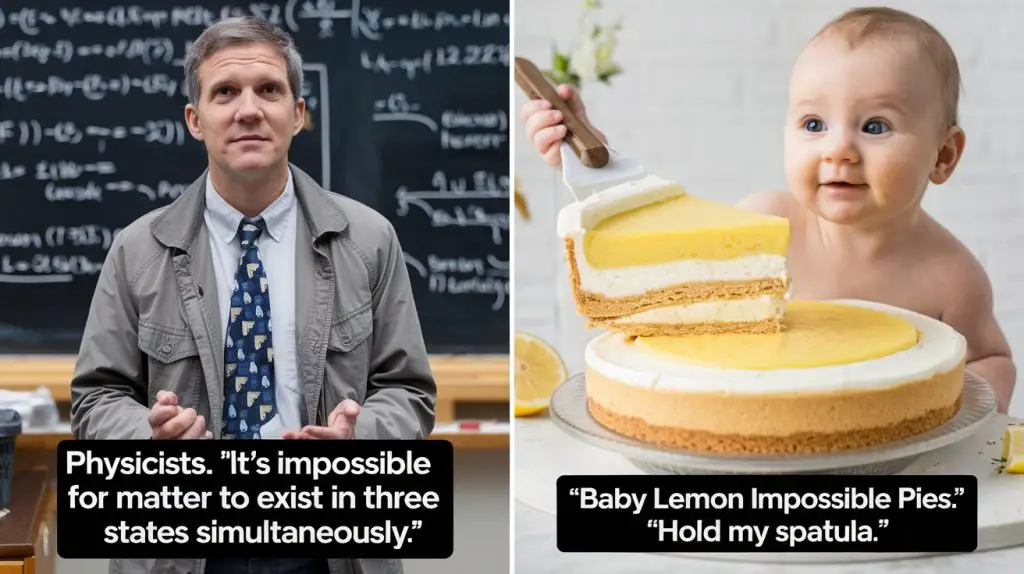 Image: Split screen showing a confused physicist with equations on a blackboard and the three distinct layers of the lemon impossible pie
Caption: "Physicists: 'It's impossible for matter to exist in three states simultaneously.'
Baby Lemon Impossible Pies: 'Hold my spatula.'"