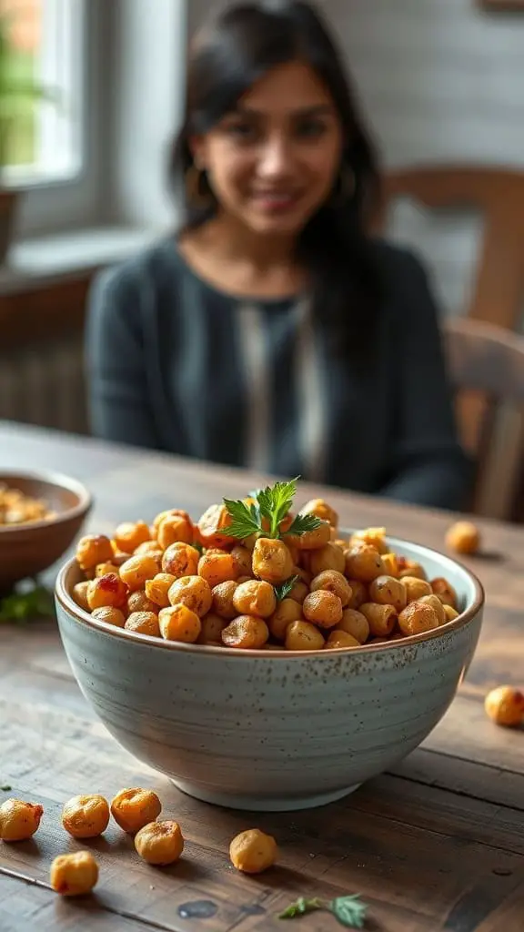 A bowl of crunchy roasted chickpeas garnished with parsley, displayed on a wooden table.