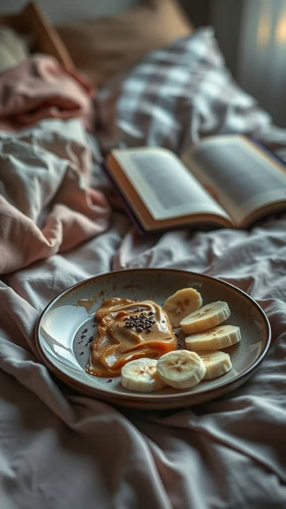 A plate with almond butter and banana slices, ideal for a bedtime snack.