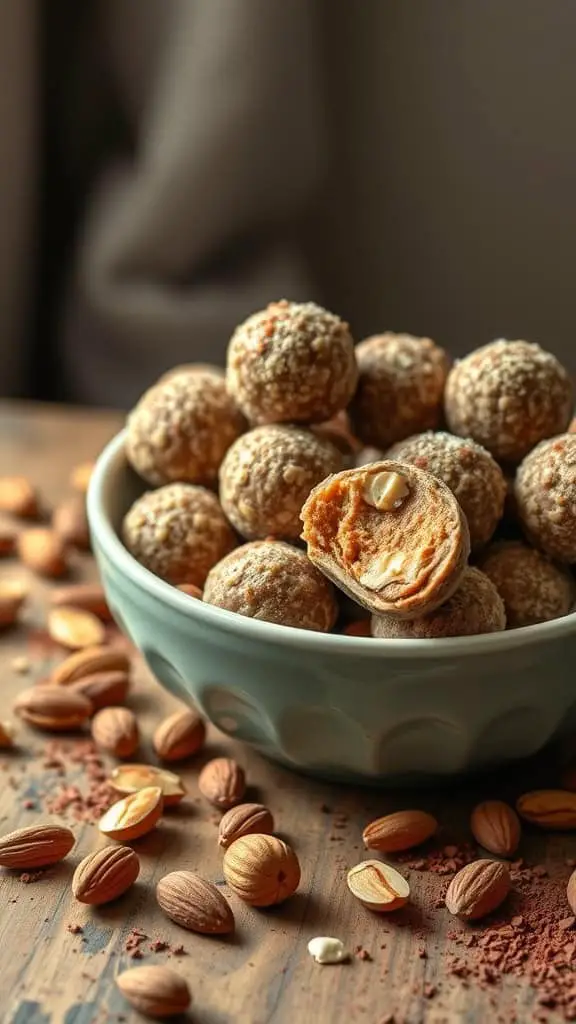 Bowl of almond butter energy balls with almonds scattered around.