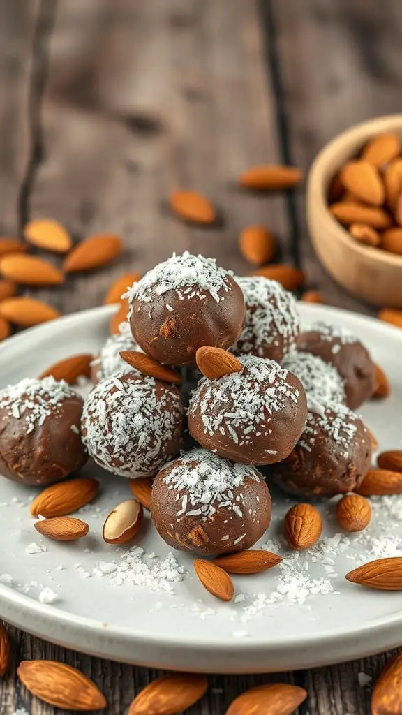 A plate of homemade almond joy energy balls with almonds and coconut