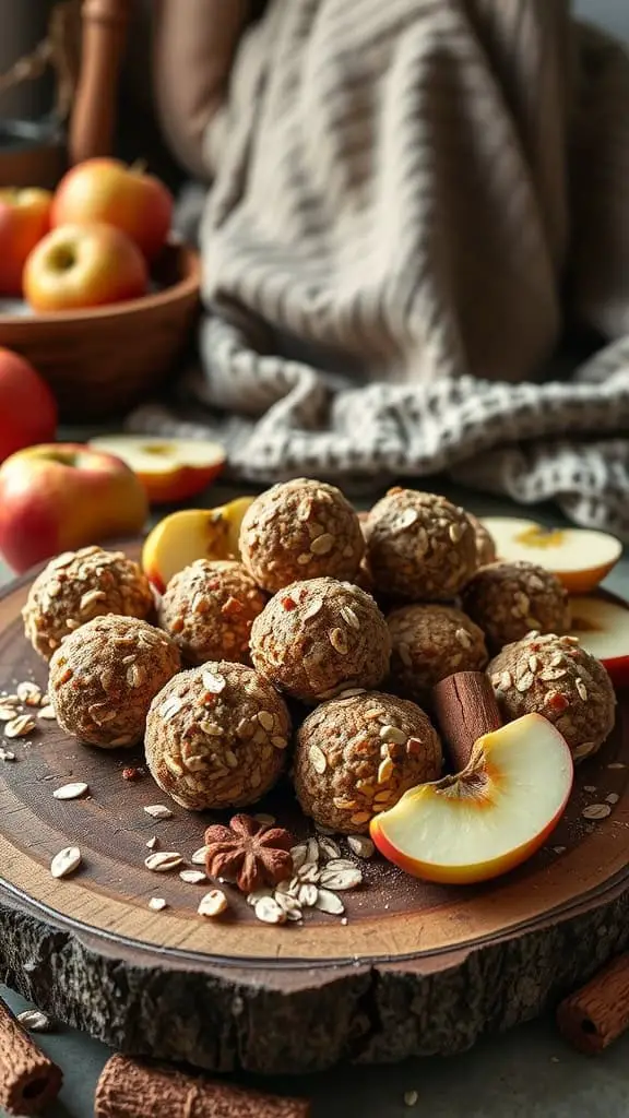 A plate of apple cinnamon energy balls surrounded by fresh apples and cinnamon sticks.