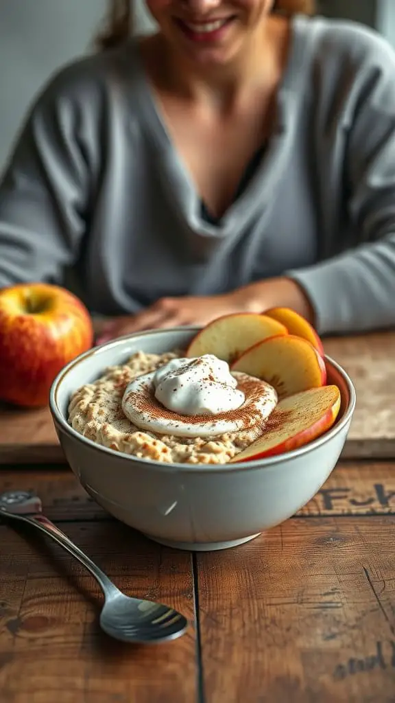 A bowl of apple cinnamon high-protein overnight oats with slices of apple and a dollop of yogurt on top.