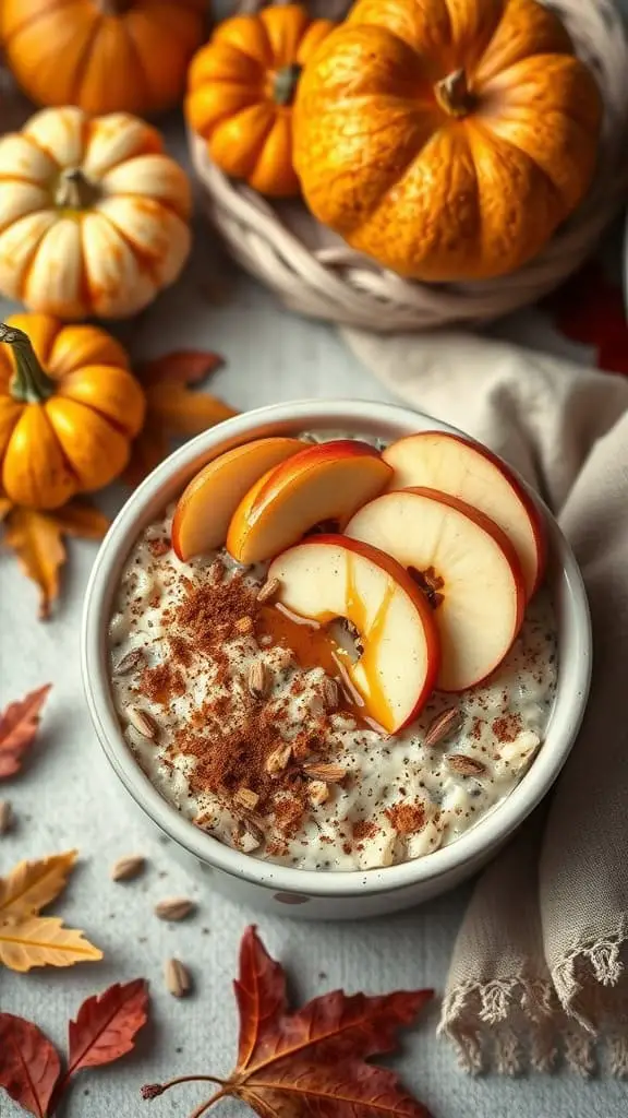 A bowl of apple pie cheesecake overnight oats topped with apple slices and cinnamon, surrounded by decorative pumpkins and autumn leaves.