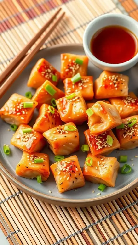 Delicious Asian-inspired salmon bites garnished with sesame seeds and green onions.