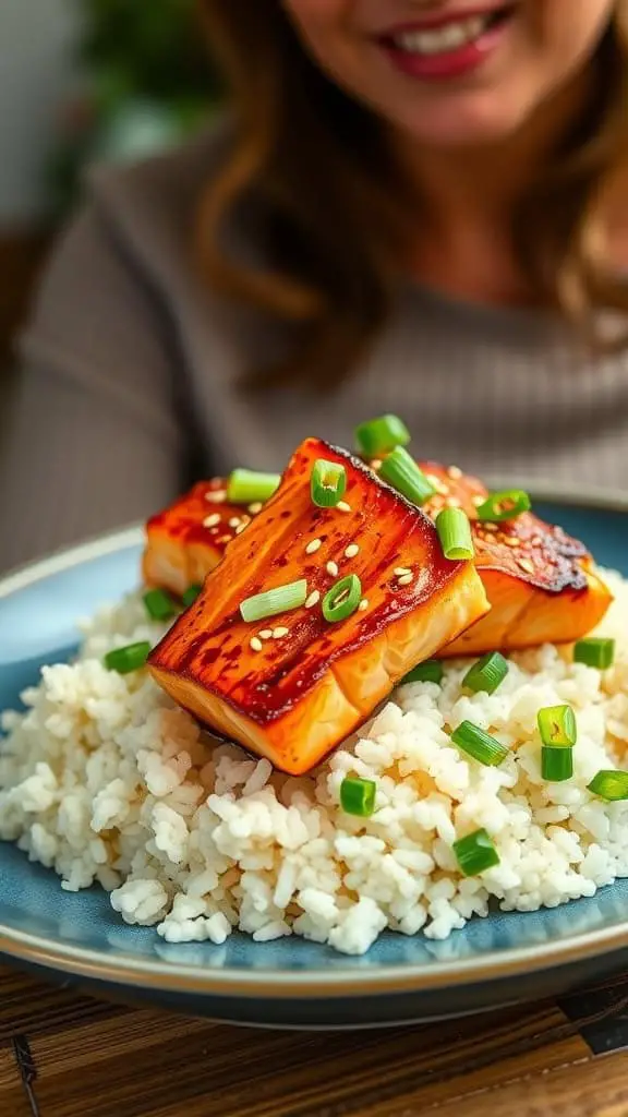 Delicious Asian-inspired salmon bites served over cauliflower rice with green onions and sesame seeds.