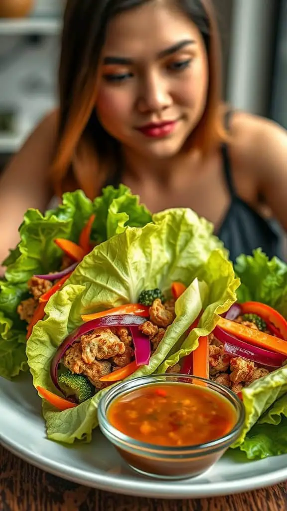 Asian chicken lettuce wraps with colorful vegetables and dipping sauce