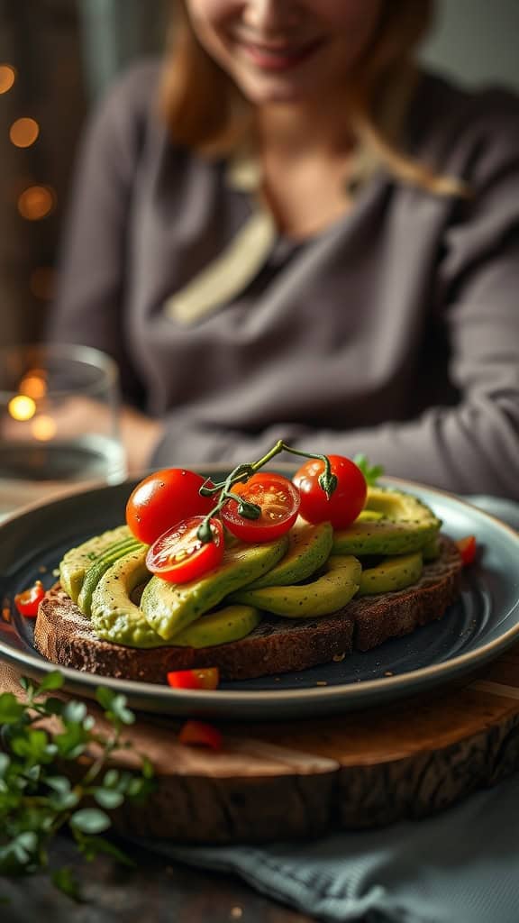 Avocado toast topped with cherry tomatoes on a plate