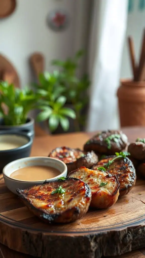 Baked garlic butter steak bites on a wooden platter with sauces