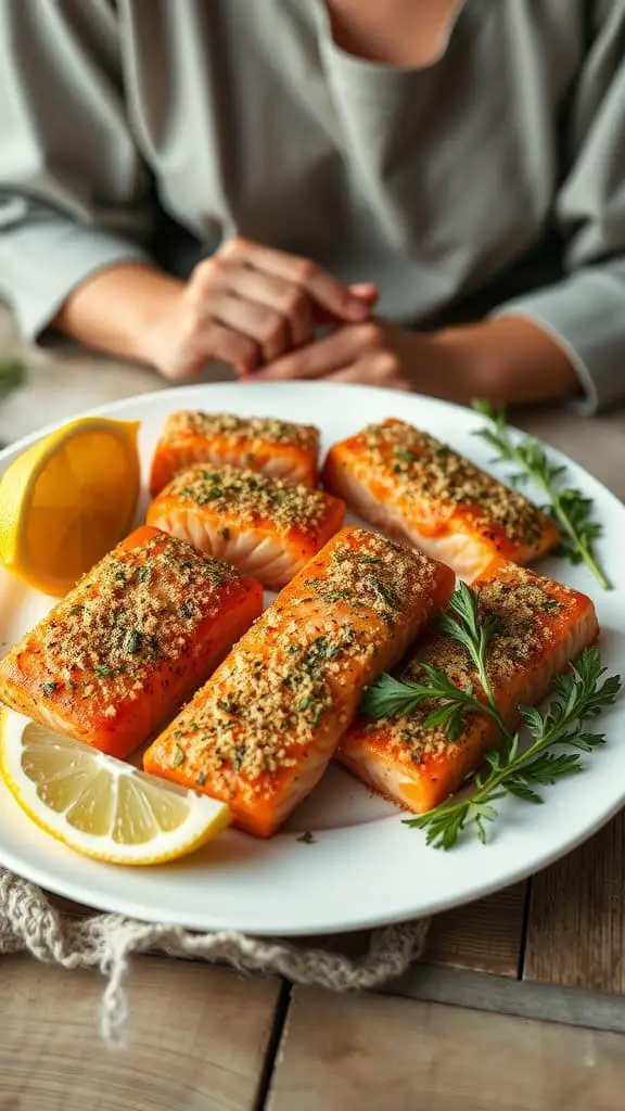 Healthy and delicious baked parmesan crusted salmon bites on a plate with lemon