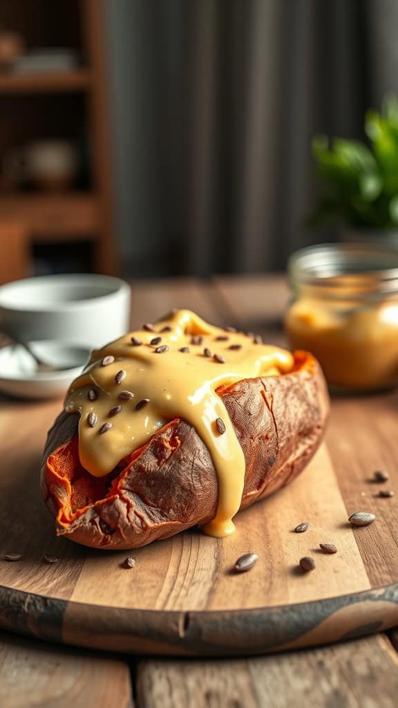 Baked sweet potato topped with nut butter and seeds on a wooden cutting board.