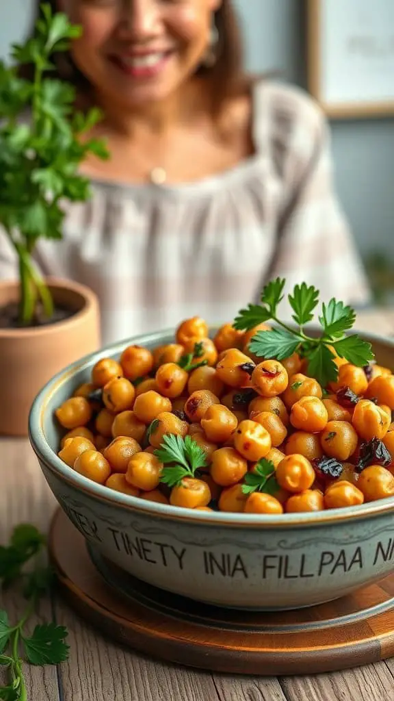 Balsamic roasted chickpeas in a bowl garnished with parsley