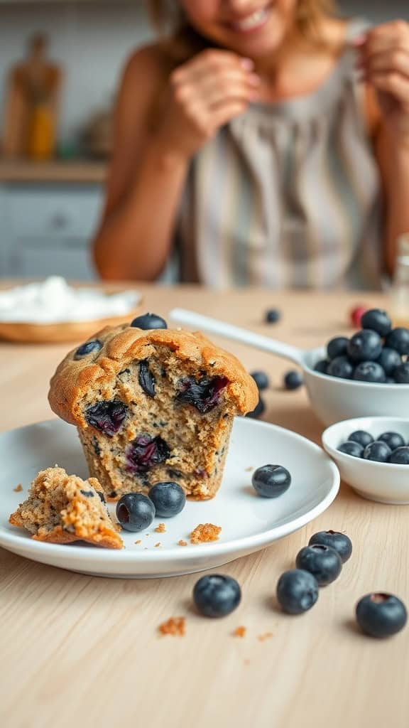 Delicious homemade banana blueberry muffins on a plate with fresh blueberries