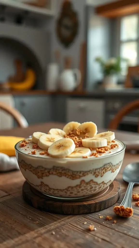 A bowl of banana pudding cheesecake overnight oats topped with banana slices and crushed graham crackers.