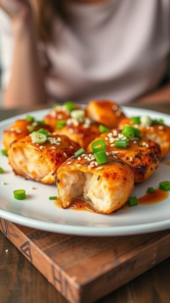 Plate of Bang Bang Salmon Bites garnished with green onions