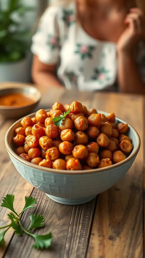 A bowl of BBQ roasted chickpeas garnished with herbs.