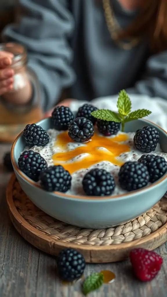 Bowl of blackberry cheesecake overnight oats topped with fresh blackberries and mint.