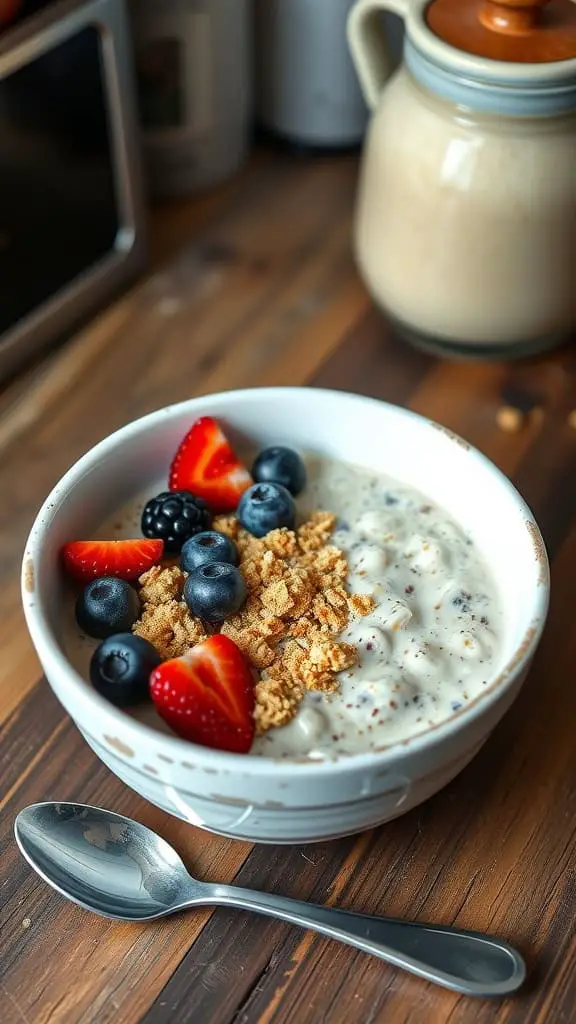 A bowl of blended cheesecake overnight oats topped with fresh berries and graham cracker crumbs.