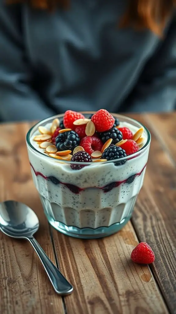 A bowl of blended high-protein overnight oats topped with berries and nuts.