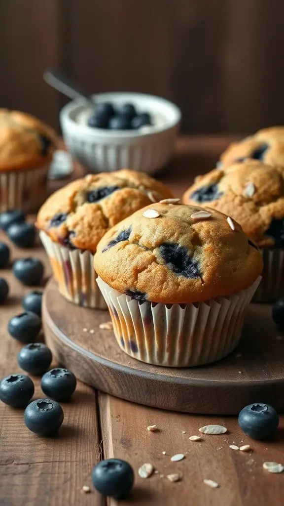 Blueberry almond flour Greek yogurt muffins on a wooden platter