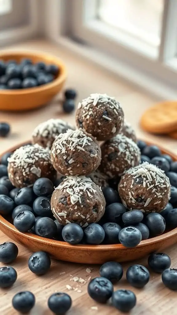 Delicious blueberry energy balls made with oats, almond butter, and coconut, resting on a plate surrounded by fresh blueberries.