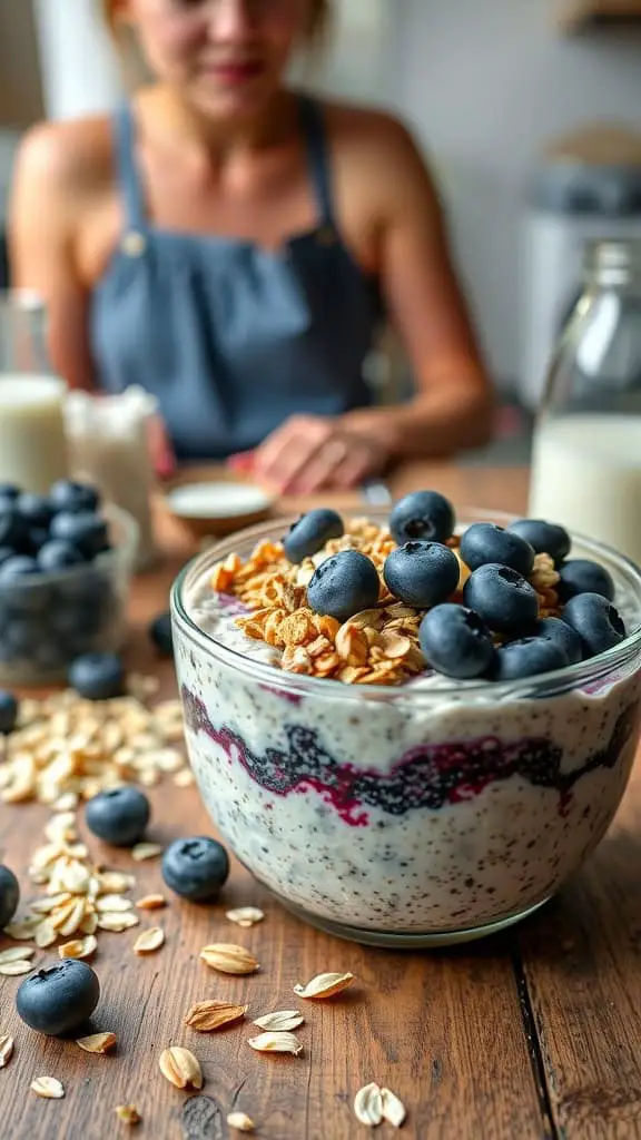 A bowl of blueberry muffin high-protein overnight oats topped with fresh blueberries and granola.