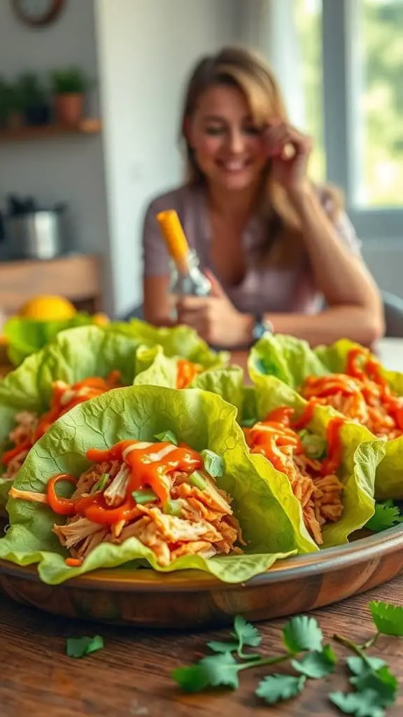 Buffalo chicken lettuce wraps with spicy sauce and fresh toppings.