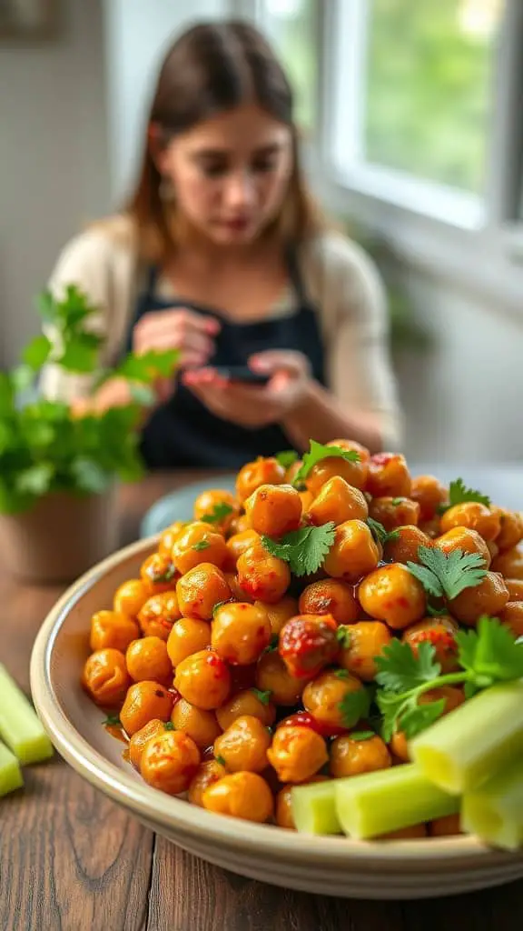 Buffalo roasted chickpeas served with celery sticks and garnished with cilantro